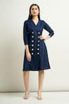 Buy_Samyukta Singhania_Blue Cotton Plain Notched Lapel Solid Linen Blazer Dress 