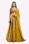 Buy_Onaya_Yellow Crepe Embroidered Cheed Plunge V-neck Floral Zari Lehenga Set _at_Aza_Fashions