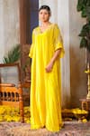 Buy_Anu Pellakuru_Yellow Chinnon Chiffon Embroidered Glass Bead V Neck Kaftan _at_Aza_Fashions