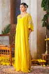 Buy_Anu Pellakuru_Yellow Chinnon Chiffon Embroidered Glass Bead V Neck Kaftan _Online_at_Aza_Fashions