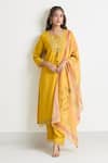 Shop_Naintara Bajaj_Yellow Chanderi, Crepe, Silk Tassels, Embroidery Keyhole Floral Yoke Kurta Set 