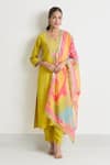 Shop_Samyukta Singhania_Yellow Kurta And Pant Viscose Embroidery Zardozi Notched Set 
