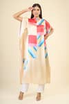 Shop_Samyukta Singhania_Beige Soft Satin Silk Print Abstract Boat Neck Sunshine Geometric Kaftan 