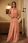 Midushi Bajoria_Peach Pure Silk Embellished Pearl Jacket Ruffle Scalloped Flared Pant Set _at_Aza_Fashions