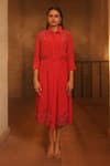 Shop_Midushi Bajoria_Red Pure Crepe Embellished Pearl Shirt Collar Patchwork Dress _Online_at_Aza_Fashions