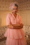 Midushi Bajoria_Pink Pure Silk Embellished Pearl Lapel Collar Crop Top With Skirt _Online_at_Aza_Fashions