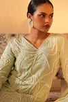 Midushi Bajoria_Green Pure Crepe Embellished Pearl V Neck Kurta Pant Set _Online_at_Aza_Fashions