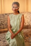 Buy_Midushi Bajoria_Green Pure Sik Embellished Pearl Round Blouse Skirt Set _Online_at_Aza_Fashions