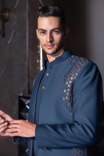 Amit Arora_Blue Polyester, Jacquard Embroidery, Beads Textured Bandhgala Waistcoat Set _Online_at_Aza_Fashions