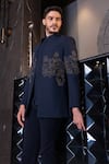 Shop_Amit Arora_Blue Poly-jacquard Embroidered Bead Bandhgala Waistcoat Set _at_Aza_Fashions