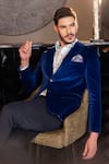 Buy_AMIT ARORA_Blue Cotton Velvet Solid Notched Lapel Collar Double Breasted Blazer _at_Aza_Fashions