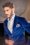 AMIT ARORA_Blue Cotton Velvet Solid Notched Lapel Collar Double Breasted Blazer _Online_at_Aza_Fashions