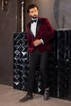 Buy_AMIT ARORA_Wine Cotton Velvet Solid Notched Lapel Collar Single Breasted Blazer _at_Aza_Fashions