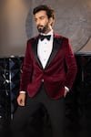 AMIT ARORA_Wine Cotton Velvet Solid Notched Lapel Collar Single Breasted Blazer _Online_at_Aza_Fashions