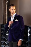 Buy_AMIT ARORA_Blue Cotton Velvet Solid Notched Lapel Collar Double Breasted Blazer _at_Aza_Fashions