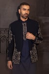 Buy_AMIT ARORA_Blue Jacket And Pant Polyknit Hand Embroidered Floral Salli With Kurta Set _Online_at_Aza_Fashions