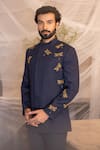 Shop_AMIT ARORA_Blue Textured Knit Hand Embroidered Dragonfly Jacket With Pant _at_Aza_Fashions