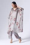 Buy_KLAD_Grey Satin Print Bloom Grid V Neck Kaftan With Pant _at_Aza_Fashions