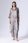 KLAD_Grey Satin Print Bloom Grid V Neck Kaftan With Pant _Online_at_Aza_Fashions