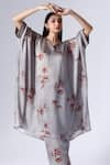 Buy_KLAD_Grey Satin Print Bloom Grid V Neck Kaftan With Pant _Online_at_Aza_Fashions