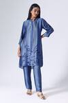 Buy_KLAD_Blue Satin Print Striped Iris Notched Mandarin Collar Kurta With Pant _at_Aza_Fashions