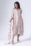 Buy_KLAD_Maroon Crepe Print Striped Fleur Collar Neck Shirt Dress With Belt _at_Aza_Fashions