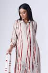 Shop_KLAD_Maroon Crepe Print Striped Fleur Collar Neck Shirt Dress With Belt _at_Aza_Fashions