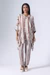 KLAD_Maroon Crepe Print Striped Fleur V Neck Kaftan With Pant _Online_at_Aza_Fashions