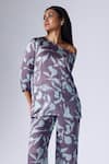 Shop_KLAD_Purple Satin Printed Foliage Floral Asymmetric Top And Pant Set _Online_at_Aza_Fashions