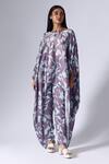 Buy_KLAD_Purple Satin Printed Foliage Floral Round Cape Top And Pant Set _at_Aza_Fashions