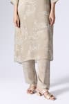 KLAD_Beige Satin Printed Lotus Mandarin Collar Kurta And Pant Set _Online_at_Aza_Fashions