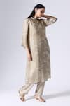 Buy_KLAD_Beige Satin Printed Lotus Mandarin Collar Kurta And Pant Set _Online_at_Aza_Fashions