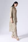 Shop_KLAD_Beige Satin Printed Lotus Mandarin Collar Kurta And Pant Set _Online_at_Aza_Fashions