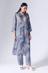 Buy_KLAD_Blue Satin Printed Flower V Neck Lotus Kurta And Pant Set _at_Aza_Fashions