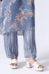 KLAD_Blue Satin Printed Flower V Neck Lotus Kurta And Pant Set _Online_at_Aza_Fashions