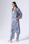 Buy_KLAD_Blue Satin Printed Flower V Neck Lotus Kurta And Pant Set _Online_at_Aza_Fashions