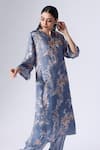 Shop_KLAD_Blue Satin Printed Flower V Neck Lotus Kurta And Pant Set _Online_at_Aza_Fashions