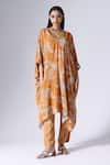 Buy_KLAD_Orange Crepe Printed Lotus V Neck Kaftan And Pant Set _at_Aza_Fashions