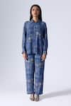 KLAD_Blue Crepe Printed Moroccan Collar Shirt And Pant Set _Online_at_Aza_Fashions