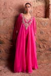 Shop_Ridhima Bhasin_Pink Organza Embroidered Floral Scallop Neck Kurta With Palazzo _at_Aza_Fashions