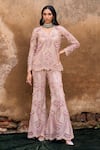 Buy_Ridhima Bhasin_Pink Net Embroidered 3d Flower V Neck Amour Floral Tunic With Pant _at_Aza_Fashions