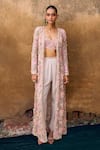 Buy_Ridhima Bhasin_Pink Organza Foil Tissue Embroidered 3d Eternity Jacket With Dhoti Pant Set _at_Aza_Fashions