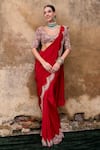 Buy_Ridhima Bhasin_Red Organza Embroidered Bead V Neck Rubina Hem Pre-draped Saree With Blouse _at_Aza_Fashions