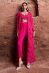 Buy_Ridhima Bhasin_Pink Organza Embroidered 3d Flower Blouse Lali Jacket With Dhoti Pant Set _at_Aza_Fashions