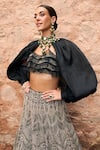 Ridhima Bhasin_Black Organza Embroidered Thread Blouse Sweetheart Leila Lehenga Set With Cape _Online_at_Aza_Fashions