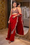 Shop_Ridhima Bhasin_Red Organza Embroidered Paisley Raihana Hem Pre-draped Saree With Blouse _at_Aza_Fashions