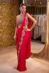 Ridhima Bhasin_Red Organza Embroidered Paisley High Parizaad Hem Pre-draped Saree With Blouse _Online_at_Aza_Fashions