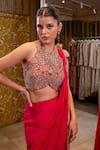 Buy_Ridhima Bhasin_Red Organza Embroidered Paisley High Parizaad Hem Pre-draped Saree With Blouse _Online_at_Aza_Fashions