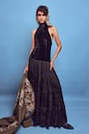 Buy_Shruti Sancheti_Black Velvet Crushed Halter Neck Bodice Tiered Maxi Dress _at_Aza_Fashions