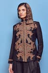 Shop_Shruti Sancheti_Black Raw Silk Lining Shantoon Embroidery Iktar Paisley Band Collar Jacket _at_Aza_Fashions